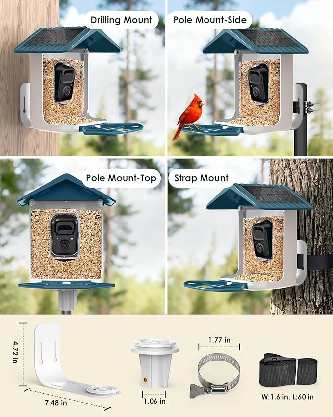 Bird Feeder with Camera Solar Powered, 2K Live Arrival Alert Auto Capture Video with 32GB TF Card, AI Identify Smart Camera Bird Feeder Ourdoor Backyard Gift for Mom Dad Birdlover, 2.4G WiFi