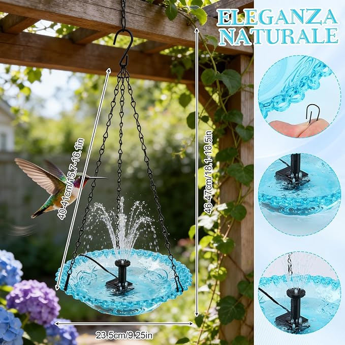 Hanging Bird Bath Fountain, Cascading Outdoor Water Fountain, Hanging Bird Bath with Flowing Water, USB-Powered Water Feature for Garden, Patio, Yard Decor, USB-Powered Single-Layer, Blue