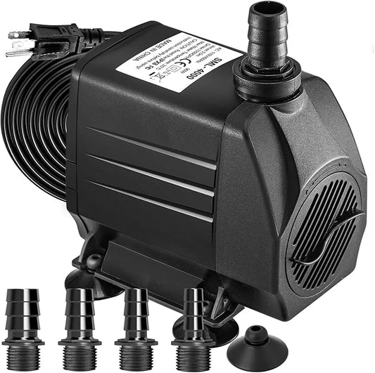GROWNEER 1100GPH Submersible Pump 90W Fountain Water Pump 4100L/H, with 13ft High Lift, 4 Nozzles for Aquarium, Fish Tank, Pond, Hydroponics, Statuary, Garden, Black(1100GPH)