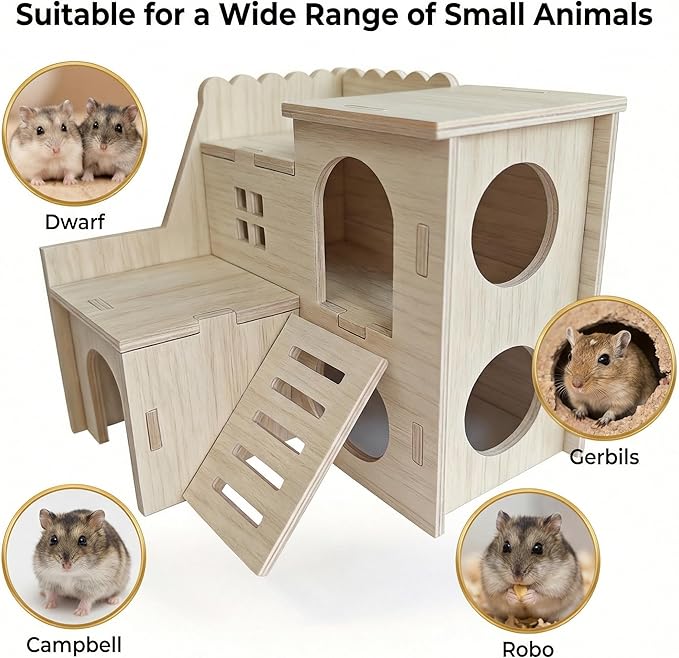 Multi-Chamber Hamster Hideout & House, Natural Wood Small Animal Cage Accessories for Dwarf Hamsters, Gerbils and Mice – Ventilated Design with Structure (Model 1)