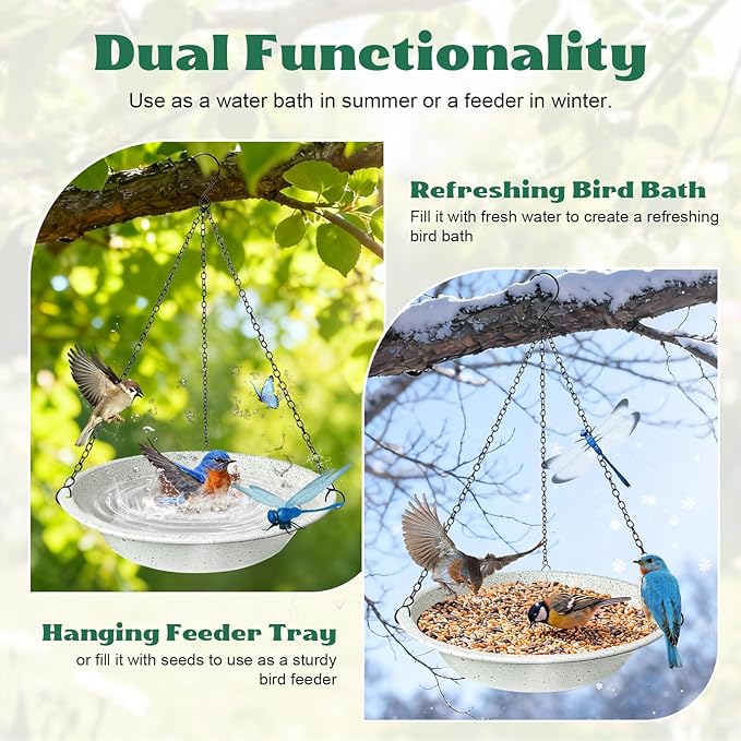 Hanging Bird Bath for Outdoor,Gray Speckled Granite Look Metal Bird Feeder Birdbath Bowl with 17” Rust-Proof Black Chains for Garden Backyard Decor
