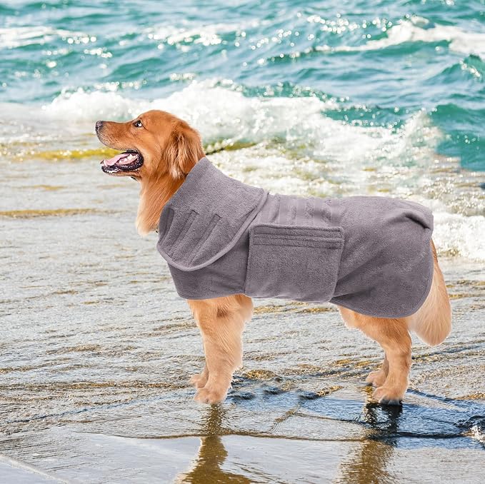 Geyecete Dog Drying Coat - Fast Dry Dog Bathrobe Towel - Super Absorbent Microfibre Pet Cat Bath Robe, Luxuriously Soft-Gray-XXL
