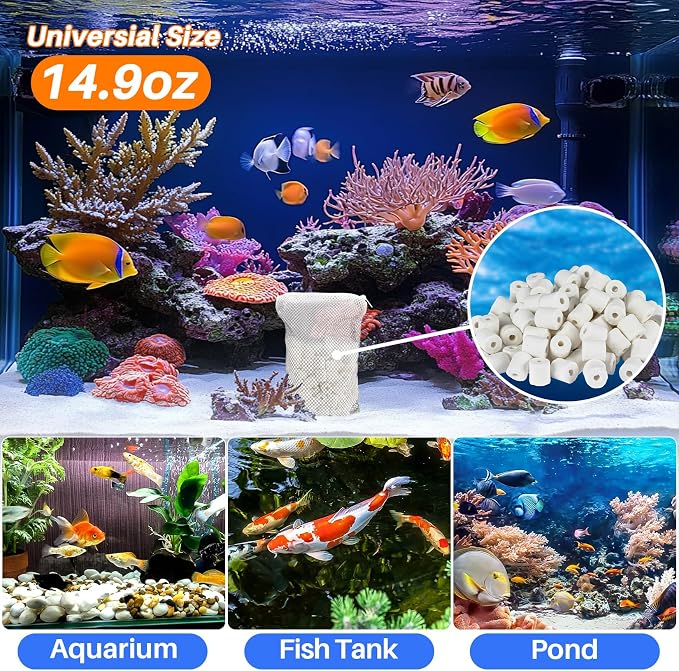 Sukh Ceramic Rings for Aquarium Filter - 15oz Bio Filter Media with 3 Bags | Highly Porous Water Cleaner for Pond & Canister Systems, Water Treatment, Essential Turtle & Fish Tank Accessories