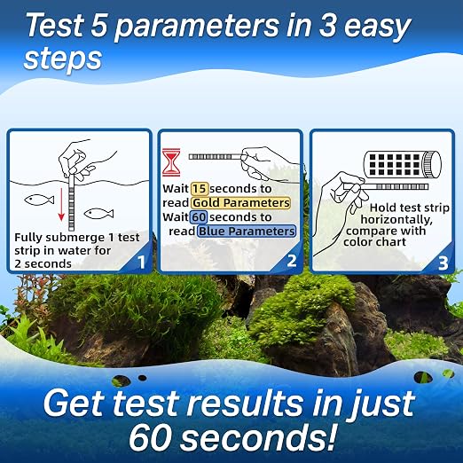 5 in 1 Aquarium Test Strips Kit for Freshwater & Saltwater - Water Fish Tank Tester for pH, Carbonate, General Hardness, Nitrite & Nitrate - 25 Count