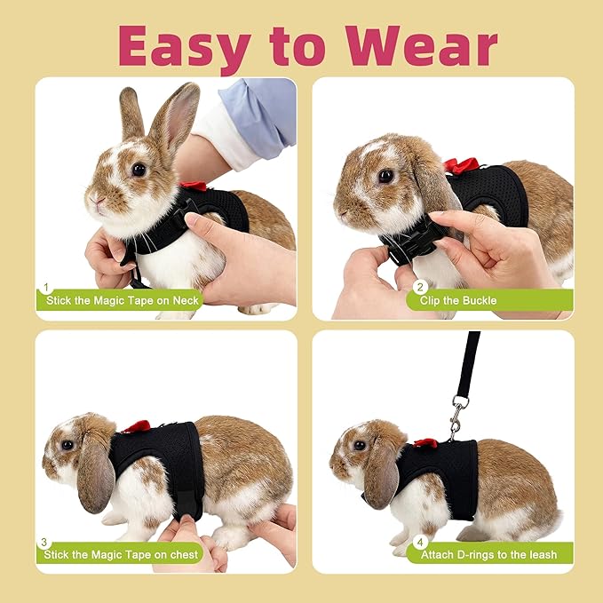 AIITLE Rabbit Harness and Leash Set with Cute Bow, Soft Breathable Mesh Vest Harness for Rabbits Kitten Ferret Puppy Small Pets Walking Supplies Black L