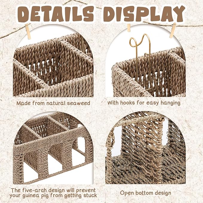 Sliner 2 Pcs Natural Seagrass Five Arch Guinea Pig Hay Feeder, Guinea Pig Rabbit Hay Rack Holder with Metal Hanging Hook for Bunny Chinchillas, Small Animal Cage Accessories, Pet Gifts, Less Wasted