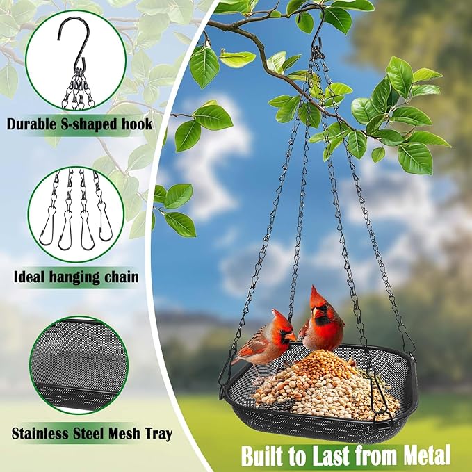 Hanging Bird Feeder for Outdoors – 11 in Square Metal Mesh Bird Feeder Tray Platform for Wild Birds, Black