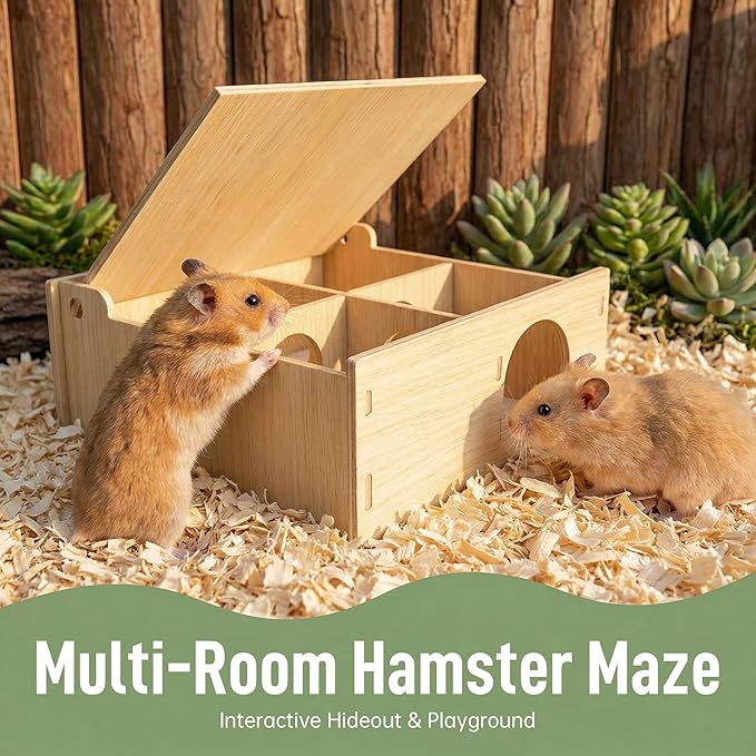 Hamster Tunnel Hideout Wooden House with Flip Cover, Small Pet Hamster Hideout Play Tunnel for Hamsters Mice Gerbils, Natural Wood Hamster House for Cage Explore Hide Rest