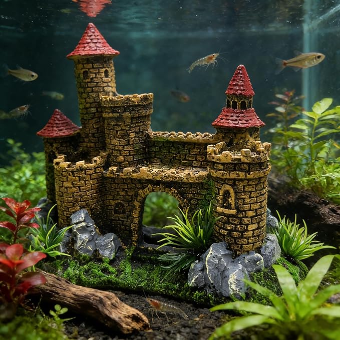M2cbridge Aquarium Decor Castle Shipwreck Ornament Underwater Landscape(Yellow Castle)
