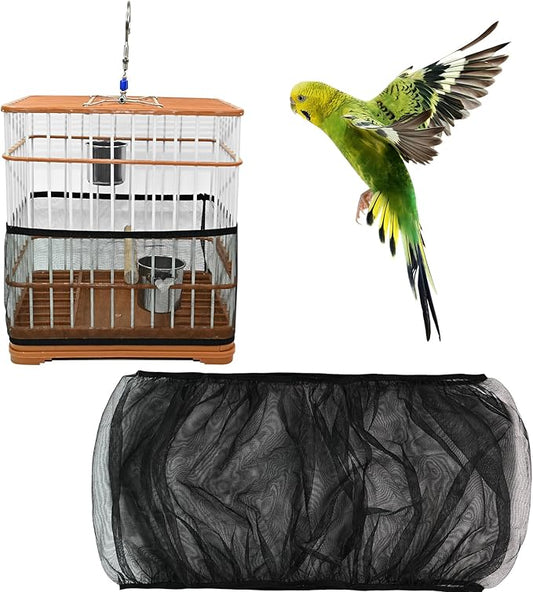 Bird Cage Seed Catcher Guard, Adjustable Stretchy Net Cover for Parrot Enclosures, Bird Cage Skirt Netting, Seed Catcher for Protective Shield for Parrot Enclosures (Black)
