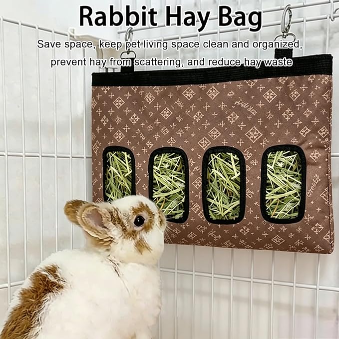 Rabbit Hanging Hay Feeder Bag Large Capacity Small Animal Hay Dispenser 600D Oxford Cloth Rabbit Hay Storage Bag for Bunnies Guinea Pigs Chinchillas (Brown)