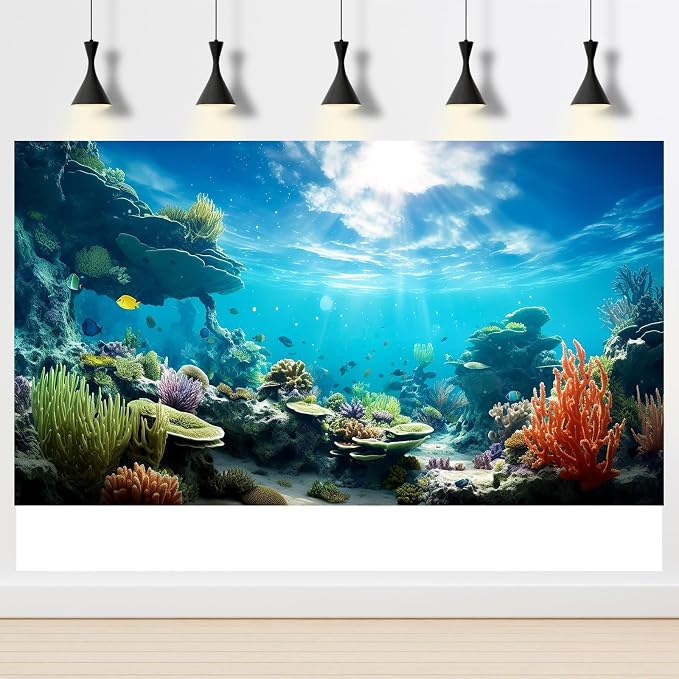 Ocean Floor Fish Tank Background Underwater Coral Reef Stone Aquarium Background Under Water Seaweed Background Cave Sunlight Fish Tank Backdrop Decoration Aquarium Backdrop Durable Vinyl 60x24in