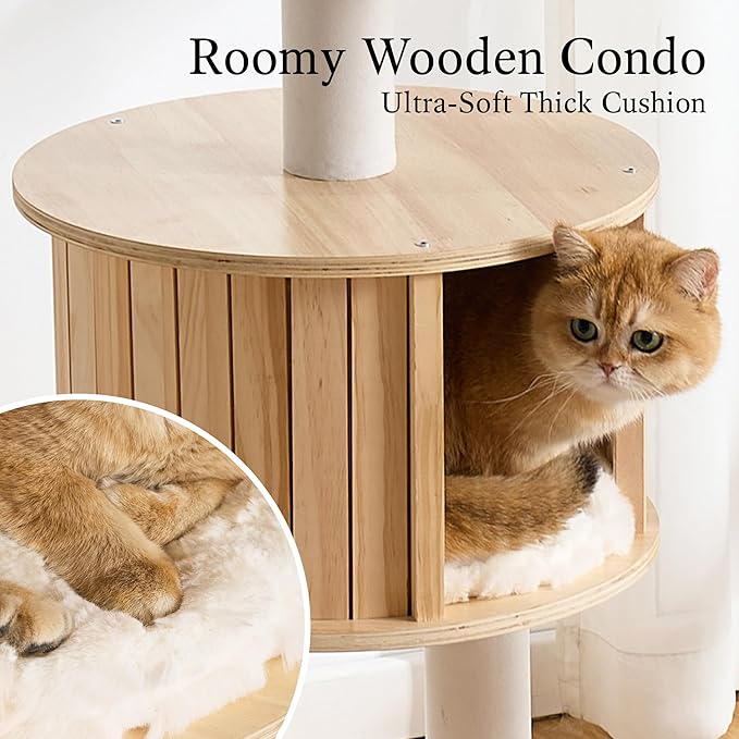797Audio Wood Modern Cat Tree, 48" Cat Tower with Sisal Scratching Posts, Cat Condo, Capsule and Bed, Solid Wooden Aesthetic Multi-Level Cat Climbing Tree for Large Adult Indoor Maine Coon Cats-White