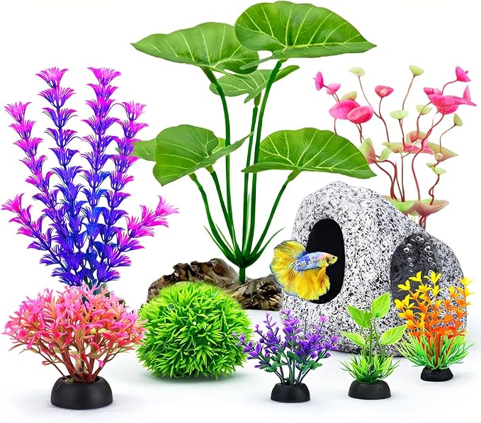 9 Fish Tank Decorations Set Aquarium Decor, Rock Cave Hideout, Artificial Aquarium Plants Plastic Betta Leaf Hammock Goldfish Betta Fish Tank Accessories Small Large Fish Bowl Ornaments