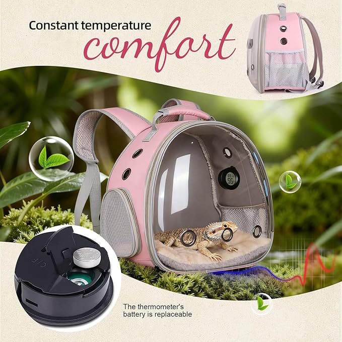 Bearded Dragon Travel Backpack Carrier with Reptile Thermometer and Humidity Gauge Lizard Travel Cage Space Capsule Clear Bubble Window Astronaut Reptile Bag for Ball Python (Pink, Backpack+PG LSH)