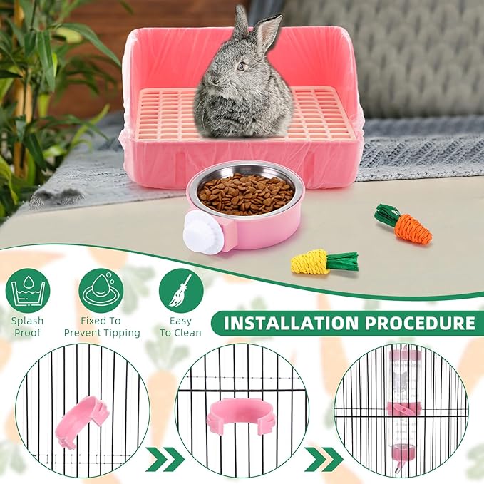 34 Pcs Rabbit Starter Kit Rabbit Litter Box Small Animal Water Bottle Stacking Cups Bunny Tunnels Animal Grooming Kit Bowl Blanket with Cleaning Set for Guinea Pig Bunny Accessories (Pink)