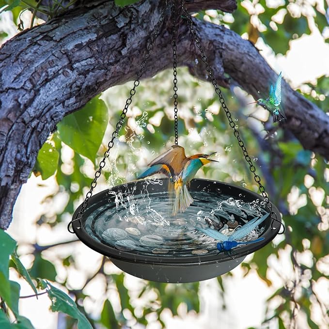 Hanging Bird Bath for Outdoors 11.4 inch Birdbath Bowl Window Birds Feeder with Rust-Proof Black Chains Hooks Metal BirdBaths Hanging Bird-Feeder for Garden Backyard Decor Metallic Black