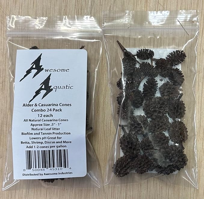 Awesome Aquatic Alder Casuarina Cones, 24 Count, 12 Each, Blackwater | Natural tannins Botanicals Softwater Leaf litter Shrimp habitat Biofilm surface Water enrichment Natural décor