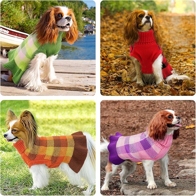 Dog Sweater Dress Plaid Knitwear for Small Medium Dogs Warm Puppy Pet Turtleneck Stretch Pullover Cute Fall Winter Vest Clothes with Leash Hole for Christmas (Orange, M)