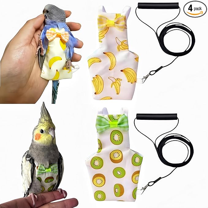 2Pcs Bird Diapers Bird Harness Flight Suits Diapers with 2Pcs 80 Inch Flying Leash Parrot Nappy Pigeon Pants Urine Wet Suit Costume for Cockatiel Conure Macaw Budgies Parakeet-Kiwi&Banana