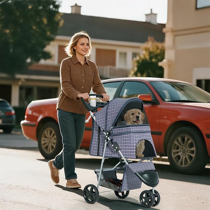Pet Stroller for Small Dogs 10 lbs, Dog Stroller for Medium Dogs 30 lbs, Cat Strollers for 2 Cats, 3 Wheels Foldable Jogger Puppy Stroller with Storage Basket and Cup Holder, Plaid