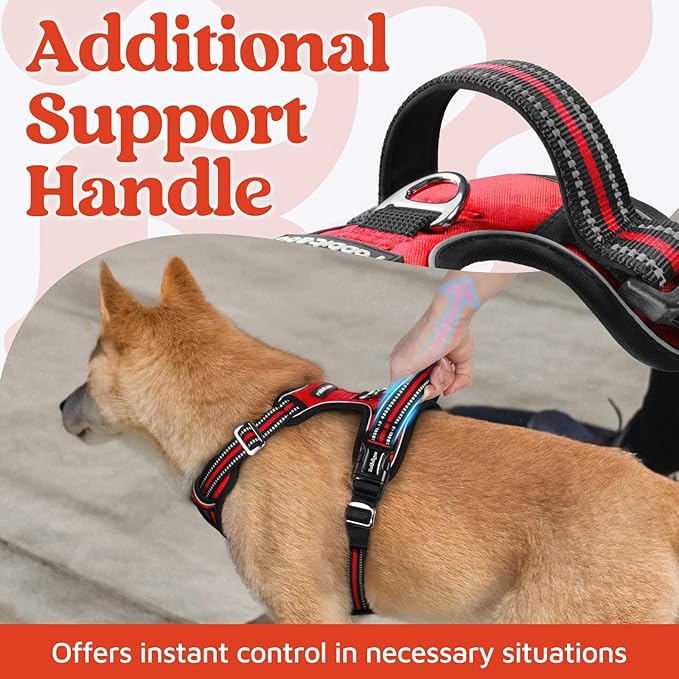 rabbitgoo Dog Harness Small Sized, No Pull Dog Vest with 3 Buckles, Adjustable Soft Padded Pet Harness with Easy Control Handle and Reflective Strips, Red, S