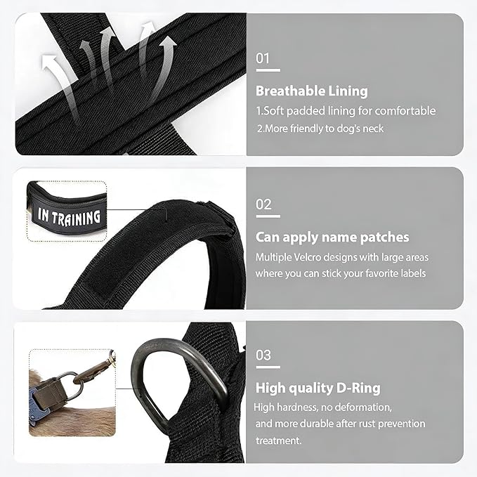 Xqpetlihai Tactical Dog Collar Adjustable Military Nylon Dog Collar with Control Handle and Heavy Duty Metal Buckle for Medium and Large Dogs (Black,XL)