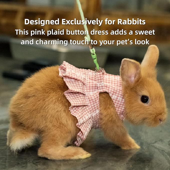 SMOLKITH Rabbit Clothes - Bunny Adjustable Pink Checkered Dress with Leash, Small Animal Apparel for Walking - Fits Guinea Pigs, Chinchillas, Meerkats, Prairie Dogs, Pet Rats and More