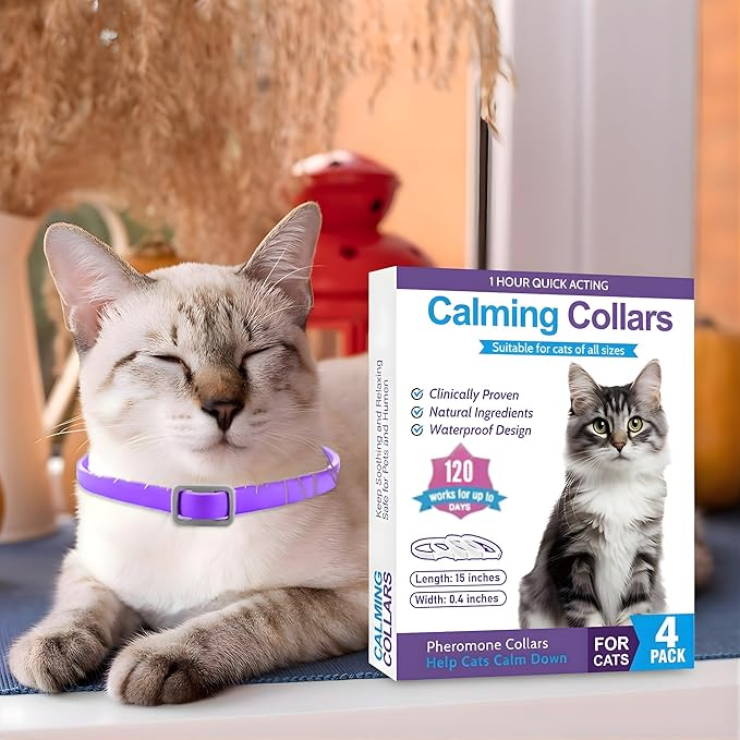 4 Pack - Cat Calming Collar for 120 Days of Calm; Cat Pheromones Help Anxiety Relief, Reduce Stress, Scratching, Meowing, Urine Marking; Indoor or Outdoor Cats; Long-Lasting Breakaway Design