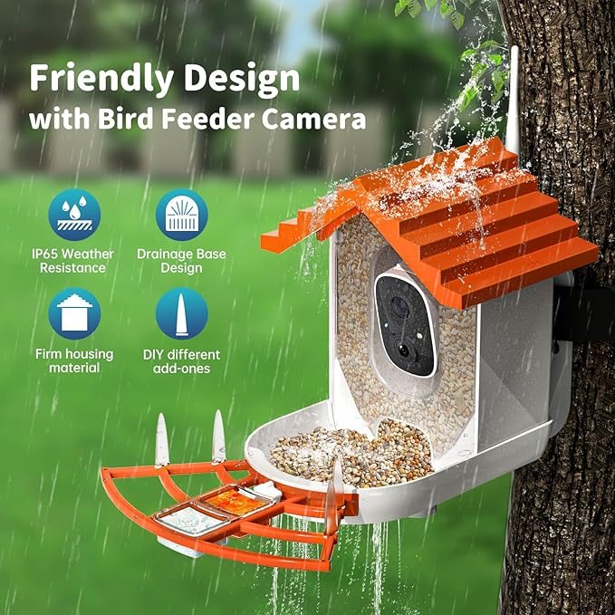 Smart Bird Feeder with Camera Solar Powered & AI Bi rd Identification, 2.4Ghz WiFi Bird feeders for Outdoors, 2K Live Video, Instant Arrival Alerts - Orange