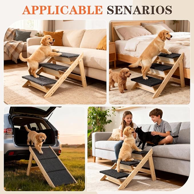 Dog Ramp,2-in-1 Foldable Pet Stairs for High Beds, 3 Steps Dog Steps | Upgraded Anti-Slip Features, Suitable for Couch, Car, Bed and Joint-Friendly Senior Durable Dog Stairs