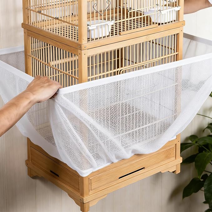 Bird Cage Seed Catcher Guard, Adjustable Stretchy Net Cover for Parrot Enclosures, Bird Cage Skirt Netting, Seed Catcher for Protective Shield for Parrot Enclosures (White)