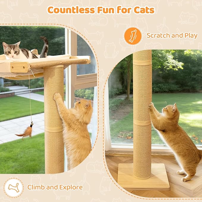 Cat Window Perch Hammock with 3-Piece Detachable Roman Column Sisal Scratching Posts, White Fluffy Cusion, Drill-Free Suction Cup Mount, Extra Large for Large Cats & Maine Coons, 60 LBS Capacity