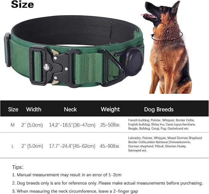AirTag Dog Collar, 2" Wide Tactical Military Army Dog Collar with AirTag Holder & 3 Pet Patches, Soft Padded Reflective Waterproof Nylon Collar with Metal Buckle for Large Dogs (Green, L)