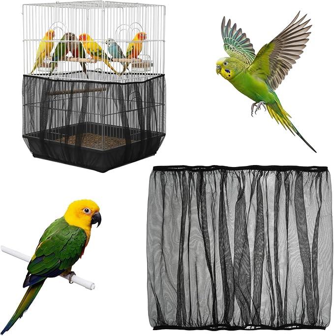 Bird Cage Net Seed Catcher Net Cover Black Adjustable Breathable Mesh Parrot Cage Skirt Guard for Parrot Cockatiel Budgie Fits Round Square Cages