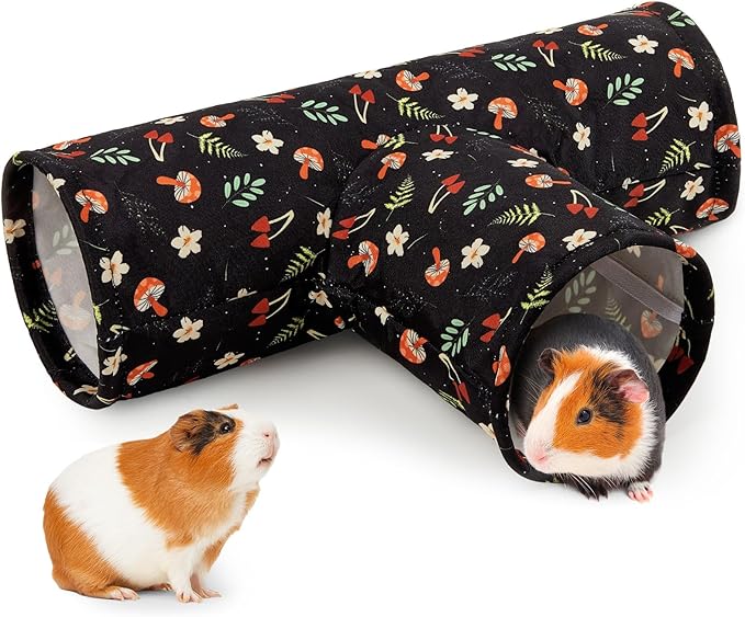 Bienbee Guinea Pig Tunnel, 3 Way Washable Guinea Pig Hideout,Foldable Rabbit Tunnel Guinea Pigs Toys for Bunny Hamster Chinchilla Ferret Rabbit Guinea Pigs Accessories Black Mushroom