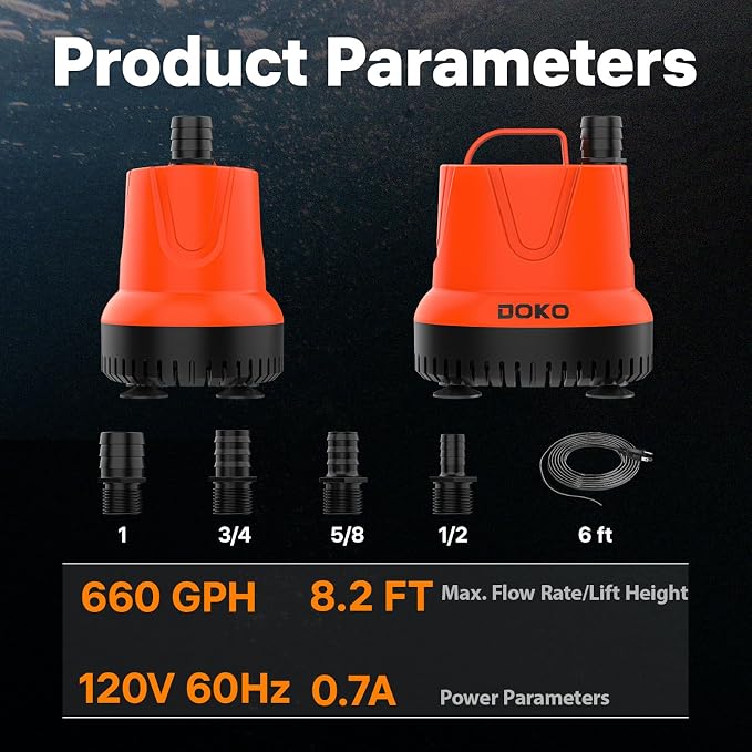 DOKO 660GPH Submersible Water Pump for Pond, Fish Tank, Aquarium, Fountain | 40W Ultra Quiet Water Drain Pump with 8.2ft Lift Height, 6FT Power Cord and 4 Nozzles for Hydroponics & Statuary