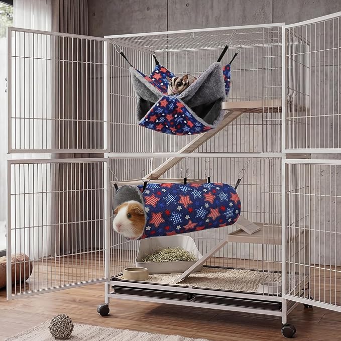 petonfun Ferret Rat Hammock Set Guinea Pig Hideout Bed,Soft Hamster Toys Hanging Tunnels and Tubes,Plush Small Animal Pet Chinchilla for Cage Accessories Hide,Play and Sleep,2 Pack,Blue Star