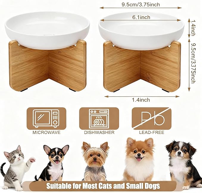 Shallow Elevated Cat Bowls with Bamboo Stand, 6.1 Inch Wide Ceramic Cat Dish Whisker Friendly, 2 Pack Pet Food and Water Plates