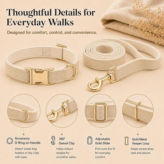 Herringbone Tweed Dog Collar and Leash Set for Small Dogs, Light Beige | Snag-free, no-rub design. Soft breathable cotton, gentle on fur. Adjustable durable matching combo for walks & outdoors.