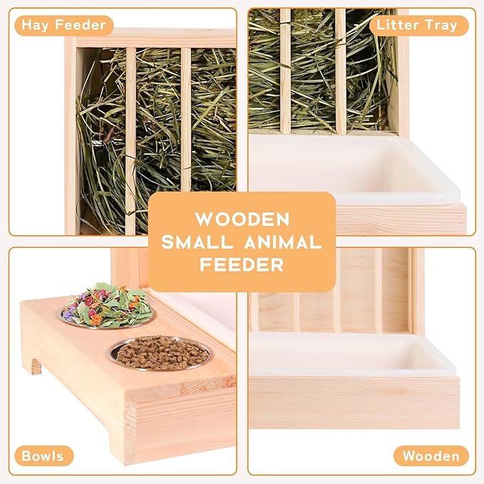 3 in 1 Wooden Guinea Pig Hay Feeder Mess Proof with Litter Box, for Guinea Pig, Chinchillas, and Other Small Animals