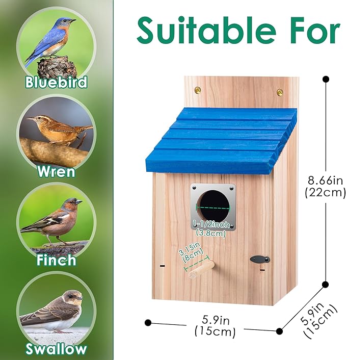 Dreyoo Cedar Bluebird Box Houses for Outside, 1-1/2'' Entrance Hole Wooden Bird Houses with Metal Guard, Secure Latch, Fledgling Grooves, Air Vents for Bluebird Wren Swallow (2 Pack)