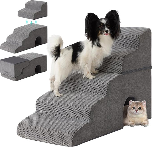 Dog Stairs for Bed 23’’ H, 5-Step Dog Steps for High Bed, Foldable Pet Stairs for Small Dogs and Cats to Get on Beds, Couch, Non-Slip Balanced Pet Steps and Ramp with Waterproof Cover, Grey