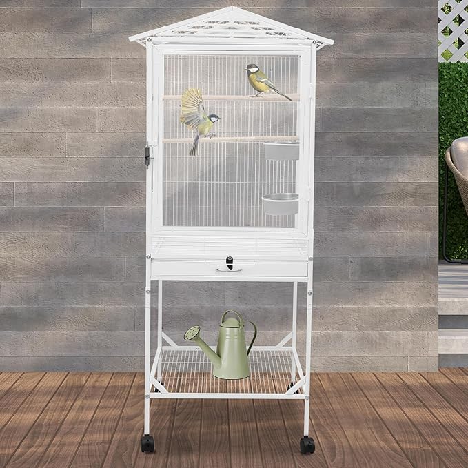 49" H Large Bird Cage with Wheels, Iron Bird Cage with Pull-Out Tray Rolling Stand Clear Acrylic Door Bird Flight Cage with Stand Bars and Feeding Bowls for Small and Medium-Sized Parrots