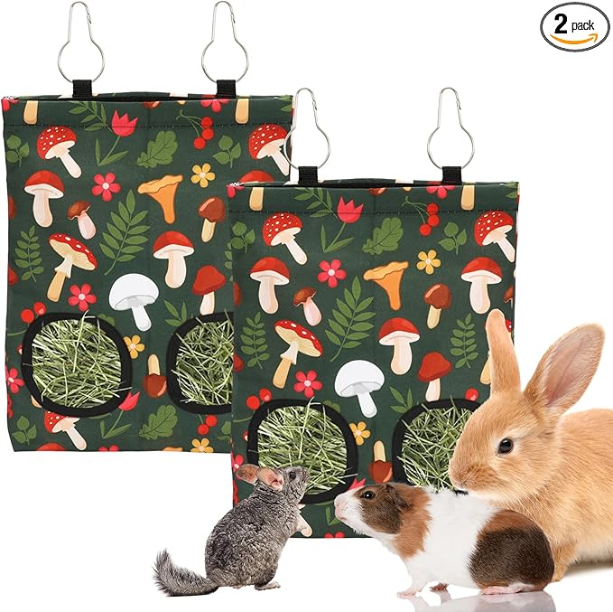 JarThenaAMCS 2Pcs Rabbit Hay Feeder Bag with 2 Holes 11.5 x 9 Inch Mushroom Guinea Pig Hanging Hay Feeding Bag Storage Dispenser for Chinchilla Hamster Bunny Small Animal Pet