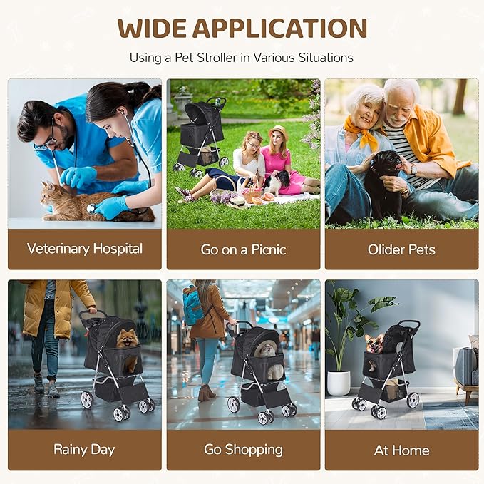 ZENY Foldable Pet Stroller, Cat/Dog Stroller with 4 Wheel, Pet Travel Carrier Strolling Cart with Storage Basket, Cup Holder (Black)