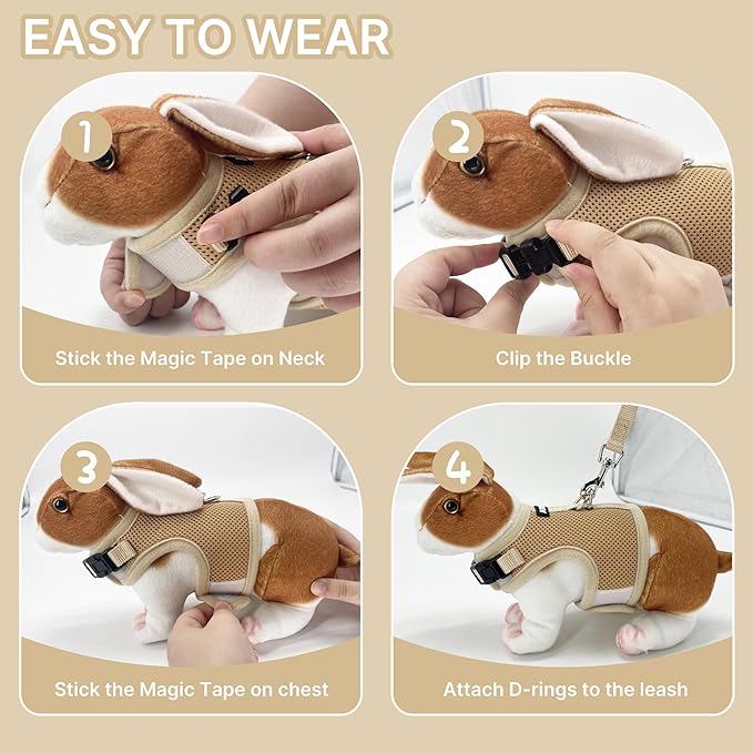 AIITLE Lightweight Escape Bunny Harness and Leash Set - Air Mesh Vest with Double D-Rings, Adjustable & Magic Tape Design, for Ferret/Cat/Puppy Training and Hiking Adventures, Khaki L