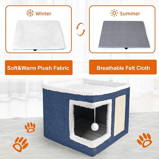 Loyareal Cat Houses for Indoor Cats - Large Cat Bed Cave with Scratch Pad and Fluffy Ball, Foldable Cat Condo Hideaway with Reversible Cushion for Multi Small Pet, Navy Blue