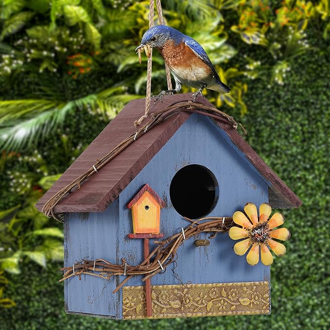 Hanging Bird Houses for Outside Decorative Birdhouse, Garden Bird Feeders for Outdoors, Blue Wooden Bird Nest Box for Wren Finchs Hummingbird Cardinal Bluebird Wild Birds, Gift for Bird Lovers