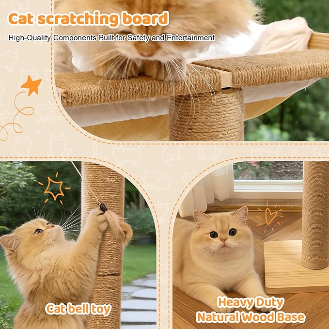 Cat Window Perch Hammock with 3-Piece Detachable Sisal Scratching Posts, White Fluffy Cusion, Drill-Free Suction Cup Mount, Multi-Level Climbing Perch for Bird Watching, 45 LBS Capacity